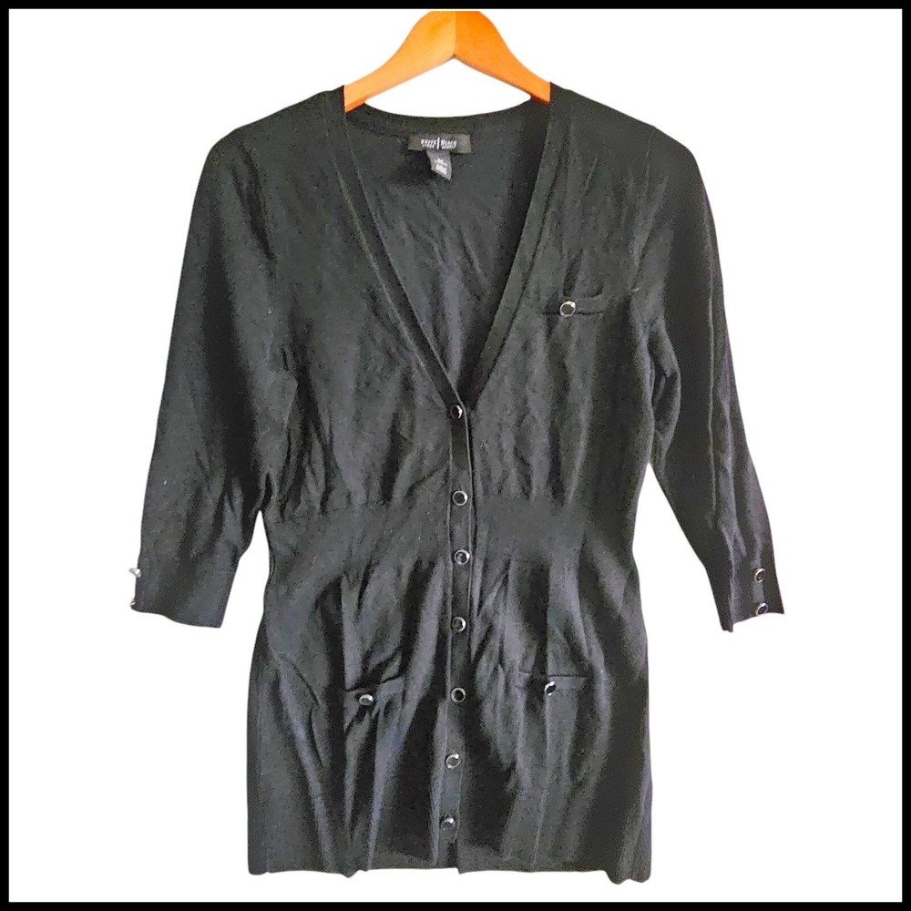 White House Black Market Cardigan Sweater Button Front 3/4 Sleeve‎ Black M